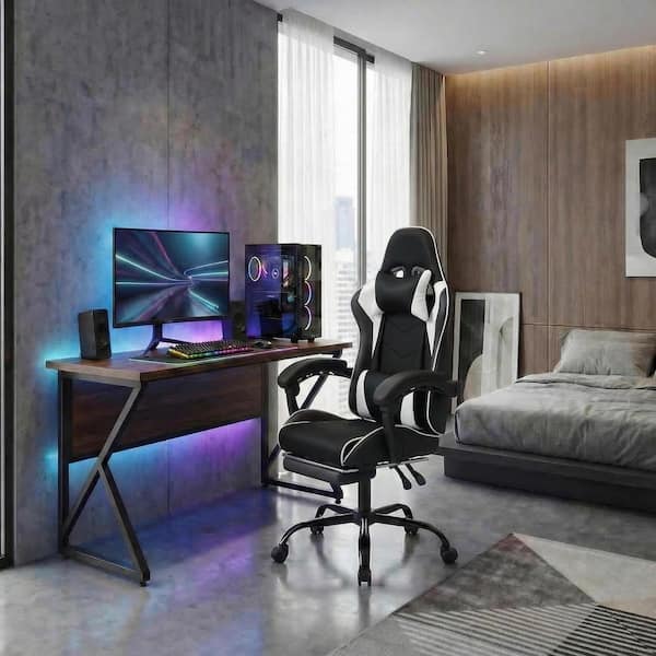 GAMEFITZ Faux Leather Swivel Gaming Chair in Black and White