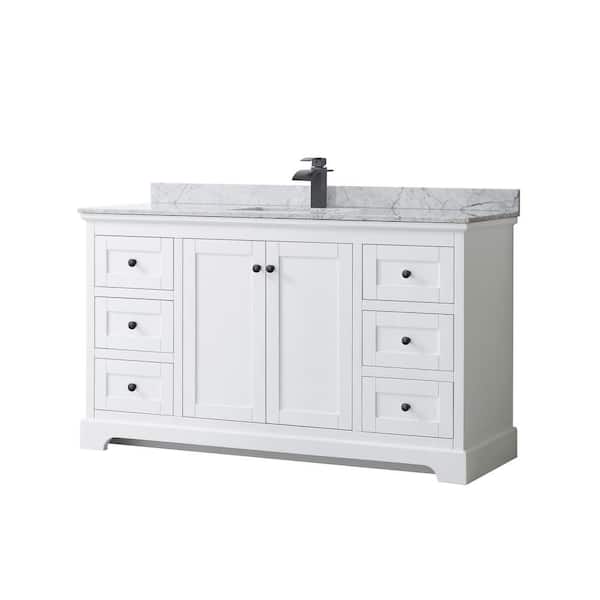 Wyndham Collection Avery 60 in. W x 22 in. D x 35 in. H Single Bath Vanity in White with White Carrara Marble Top