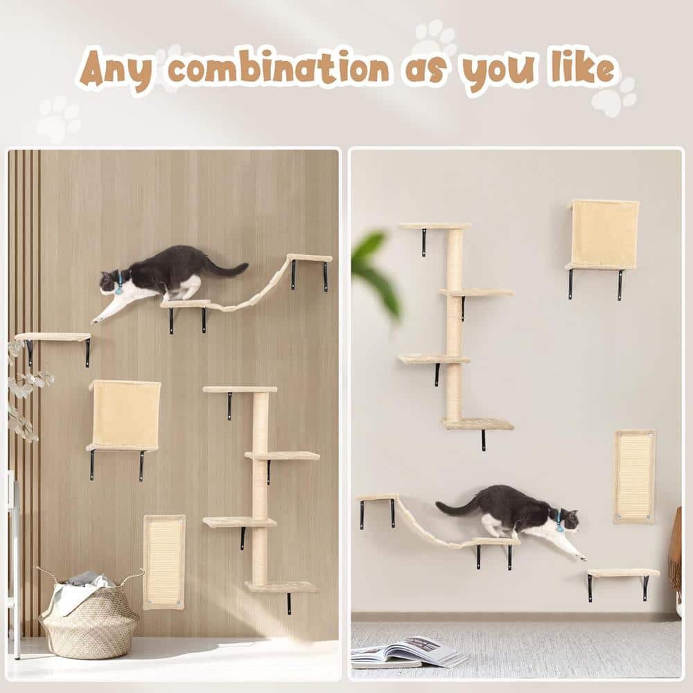 Beige Wall Mounted Cat Climber Set with Sisal Scratching Posts