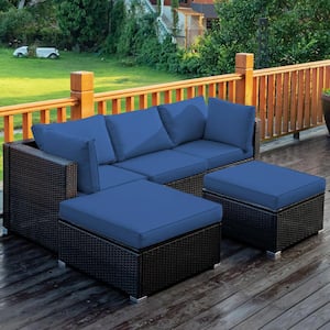 5-Piece Wicker Rattan Patio Conversation Set with Navy Cushion and Ottoman