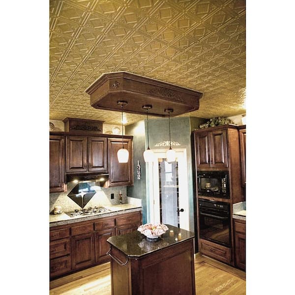 Dimensions 2 ft. x 4 ft. Glue Up Tin Ceiling Tile in Metallic Brass