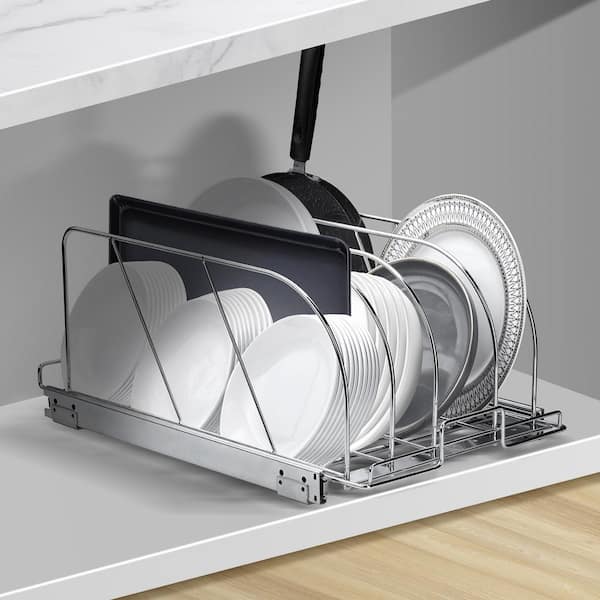SVOPES 12. 5 in. Pan and Standing Pot Rack, Expandable Under Cabinet Organizer, Silver Adjustable Wire Dividers, Lid Holder