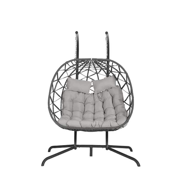 Sudzendf Dark Gray Wicker Patio Swing Double Egg Chair with Light Gray Cushions, with Stand for Bedroom Balcony Patio