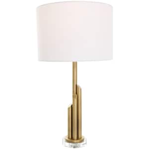 28 in. Gold Metal Tiered Pillar Abstract Task and Reading Table Lamp with Glass Base