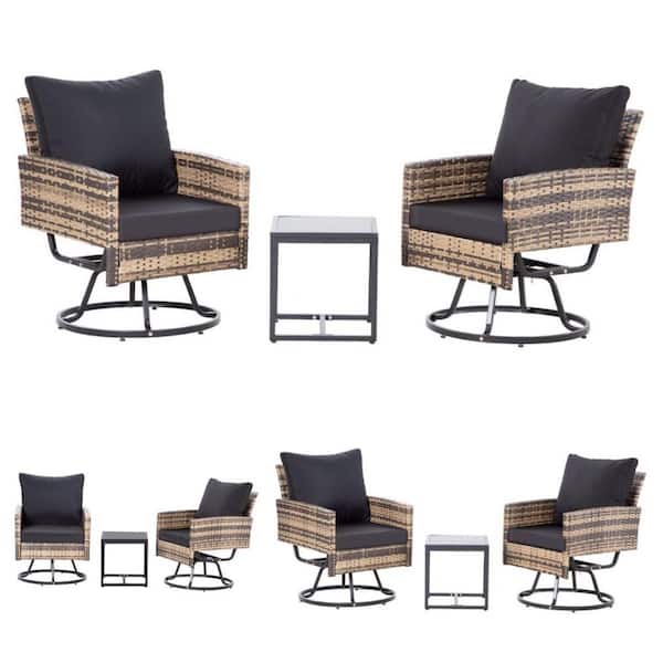 Mixed Brown Wicker Swivel Outdoor Dining Chair with Black Cushions (6-Chairs, 3-Tables)