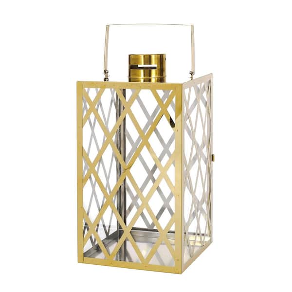 Angel Sar 18 in. H Stainless Steel Rectangle Lantern with Flat Top for and Cap and Wire Handle Patio Garden, Gold