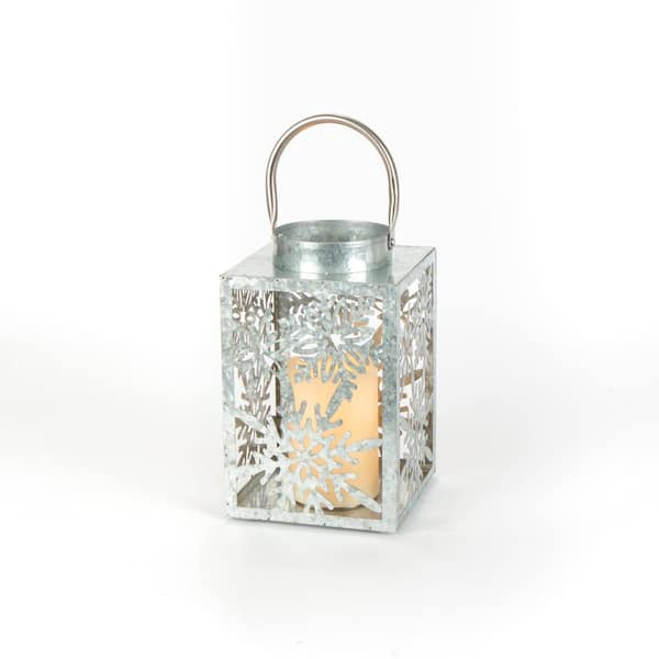 Home Accents Holiday Ashford Meadows 9 in. Galvanized Silver Lantern with a 3 in. x 6 in. Battery Operated Candle