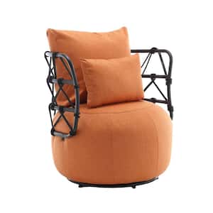 Modern Orange Linen Upholstered Swivel Barrel Accent Arm Chair with Unique Design Metal Bracket