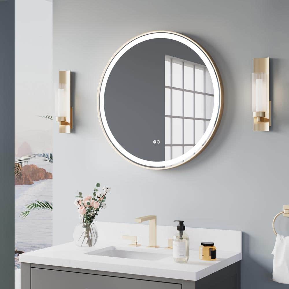 28 in. W x 28 in. H Round Framed Wall Anti-Fog Bathroom Mirror with Lights 