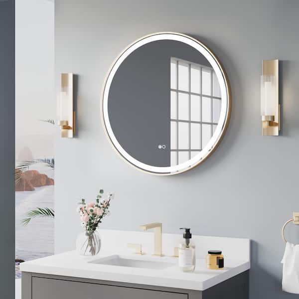 ANGELES HOME 28 in. W x 28 in. H Round Framed Wall Anti-Fog Bathroom Mirror with Lights in Gold