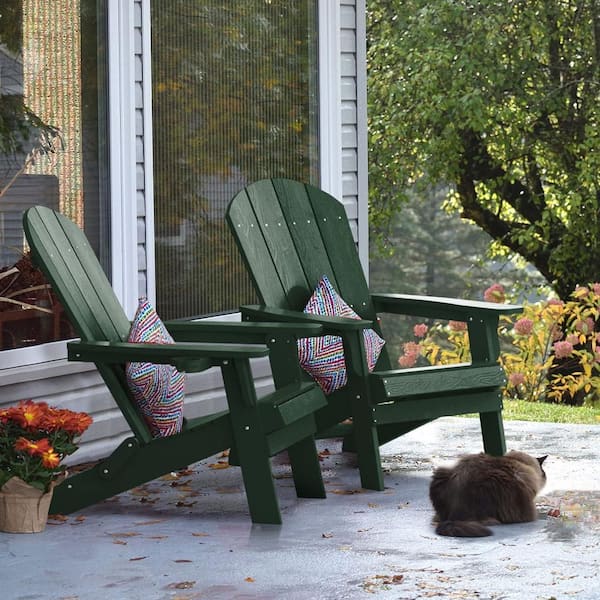 Green Plastic Outdoor Folding Adirondack Chair with Cup Holder (2-Pack)
