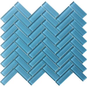 Sea Blue 11 in. x 12.6 in. Herringbone Polished Glass Mosaic Tile (4.81 sq. ft./Case)