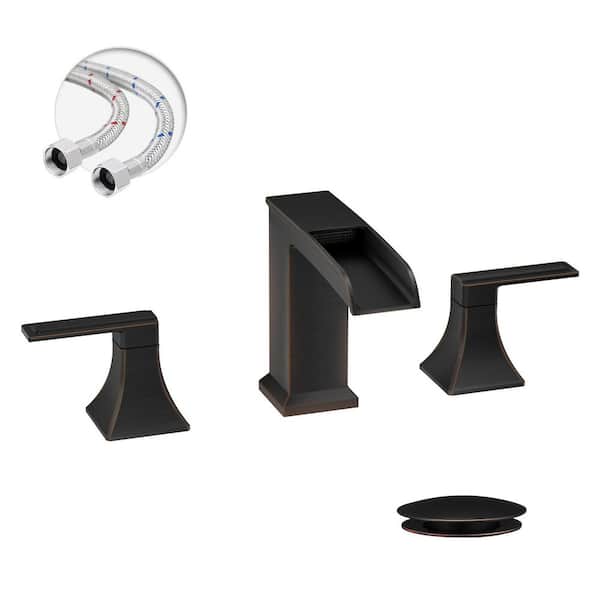 BWE 8 in. Waterfall Widespread 2-Handle Bathroom Faucet With Pop-up Drain Assembly in Oil Rubbed Bronze