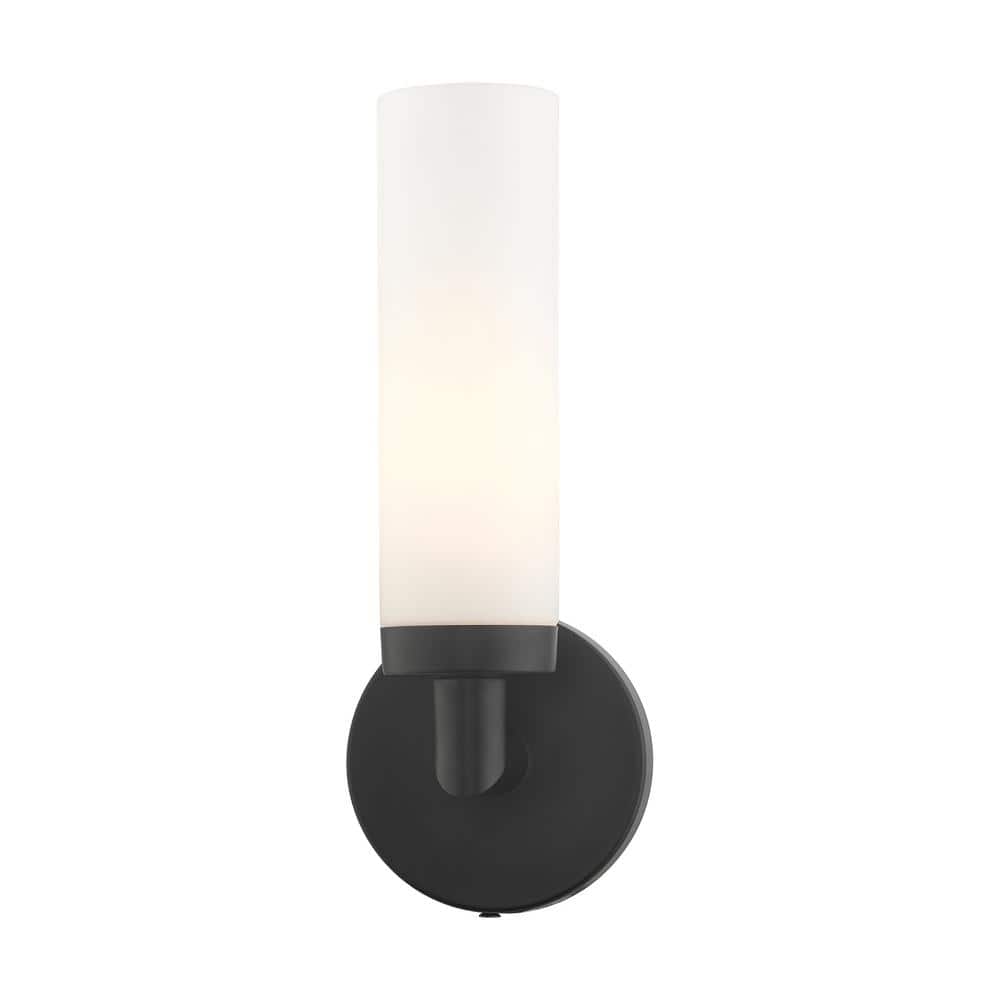Black Steel Wall Sconce with Satin Opal Glass Shade