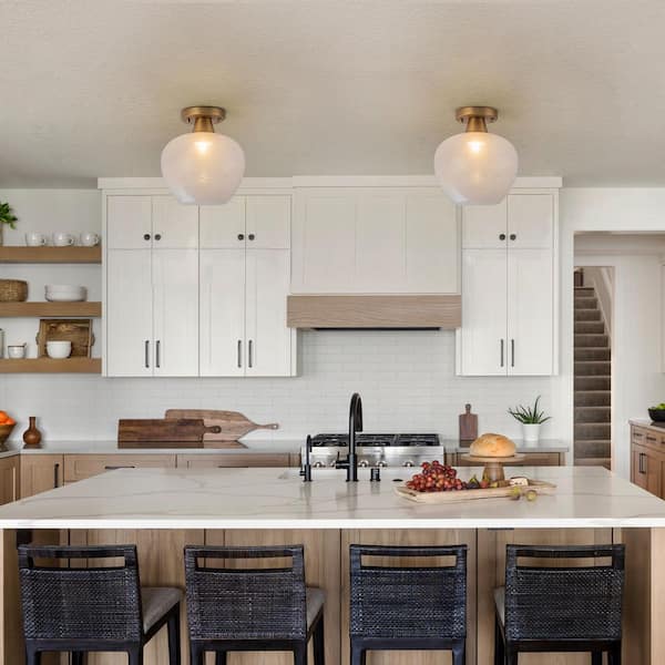 Dvorakova 9.06 in. 1-Light Natural Brass Semi Flush Mount with White Jade Opal Glass Shade