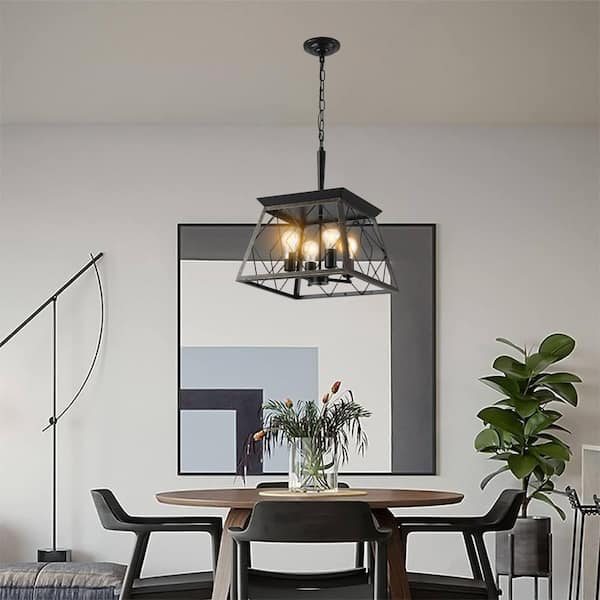 4-Light Black No Decorative Accents Drum Geometric Chandelier for Kitchen with No Bulbs Included