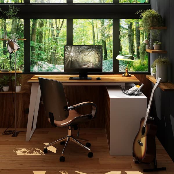 FUFU&GAGA 54.3 in. Reversible L-Shaped White Wood Computer