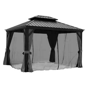 10 ft. x 12 ft. Aluminum Double Galvanized Steel Roof Gazebo with Ceiling Hook Mosquito Netting and Curtains, Dark Black