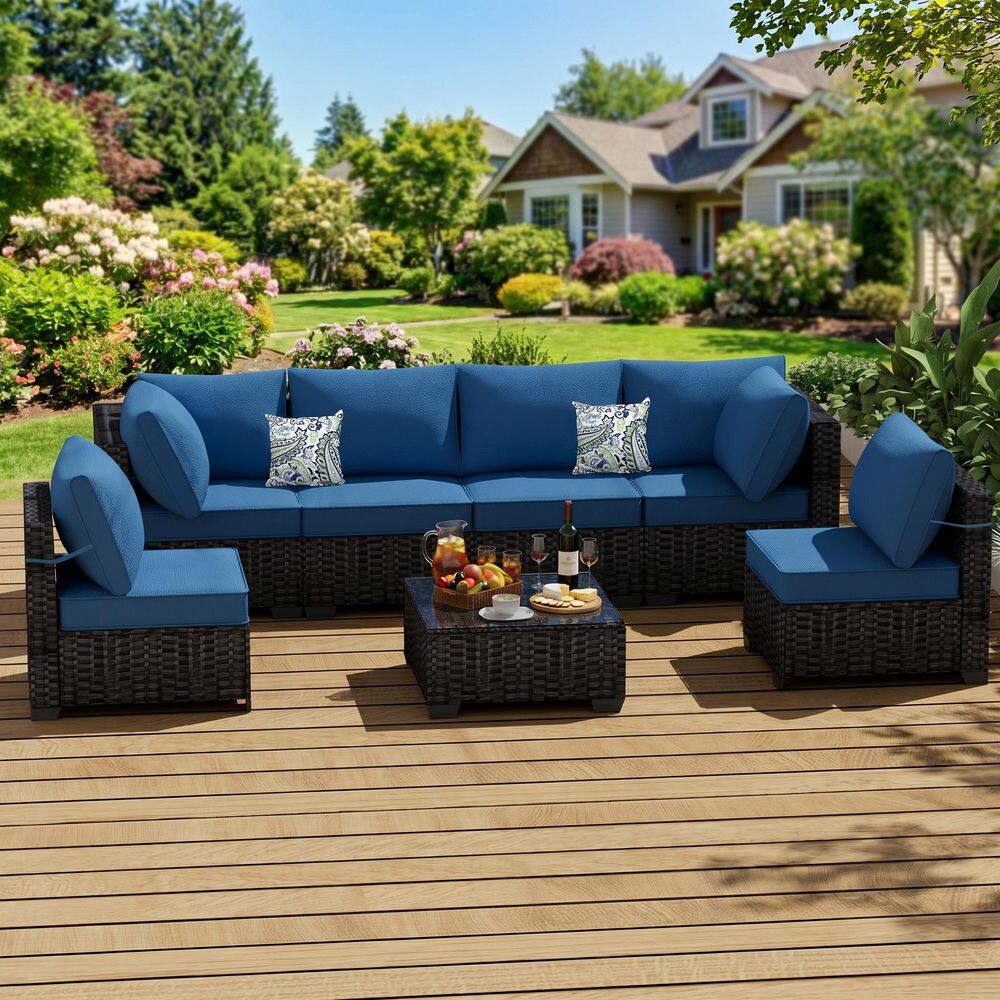 Brown 7-Piece Wicker Outdoor Sectional Set, Patio Rattan Furniture Set with Peacock Blue Cushions and 2-Pillows for Deck price history on PriceWatchPro