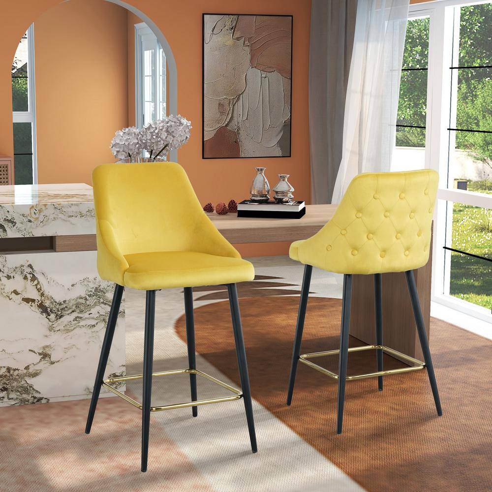 Seafuloy 40.5 in. Yellow Velvet Metal Legs Upholstered High Bar Side ...