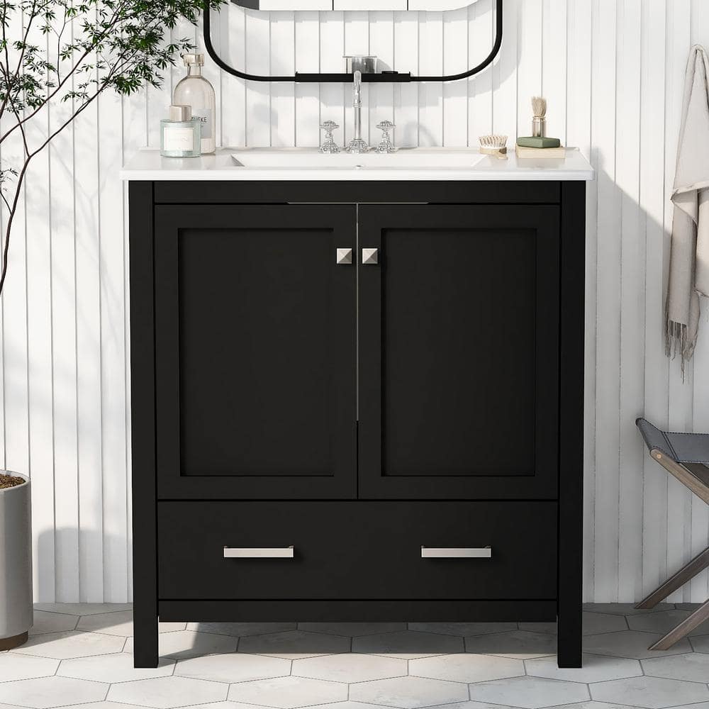30in. W x 18.3 in. D x 34 in. H Black Bathroom Vanity Freestanding Single S