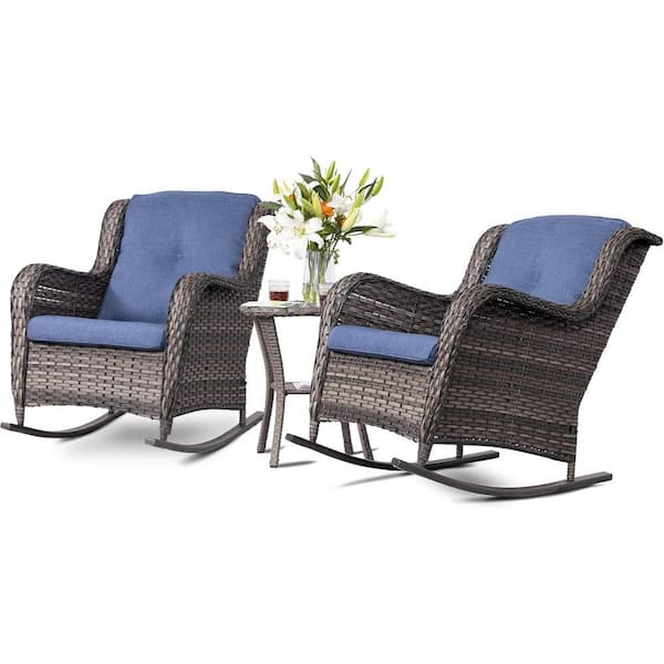 Tenleaf 3-Piece All-Weather Wicker Outdoor Rocking Chair with Blue Cushions