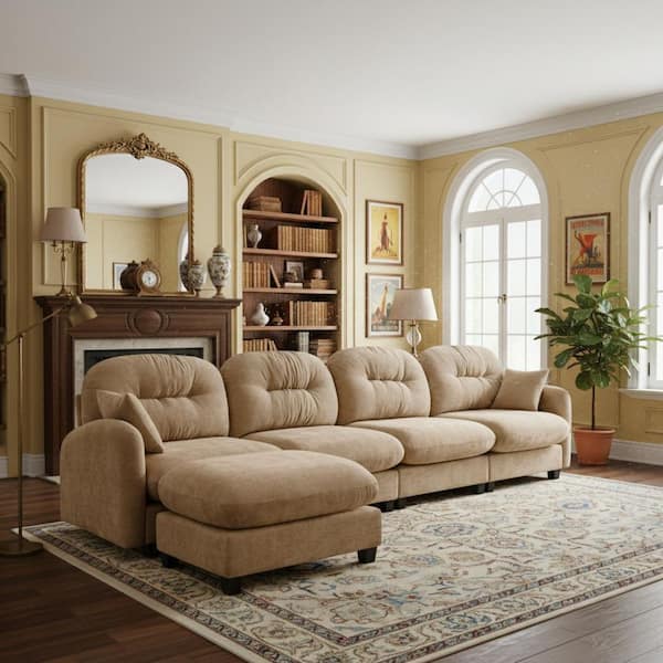 PMOB 140 in. Round Arm 5-piece Chenille Modular Tufted Backrest with Ottoman Sectional Sofa in Walnut Brown