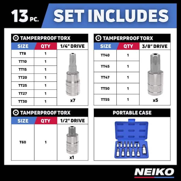 NEIKO Tamper Proof Torx Bit Socket Set, S2 Steel (13-Piece) 10073A