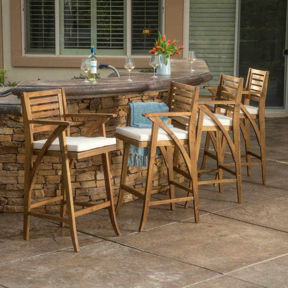 Acacia Wood Bar Height Armchairs with Cream Cushions, Set of 4