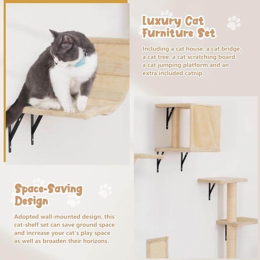 Beige Wall Mounted Cat Climber Set with Sisal Scratching Posts