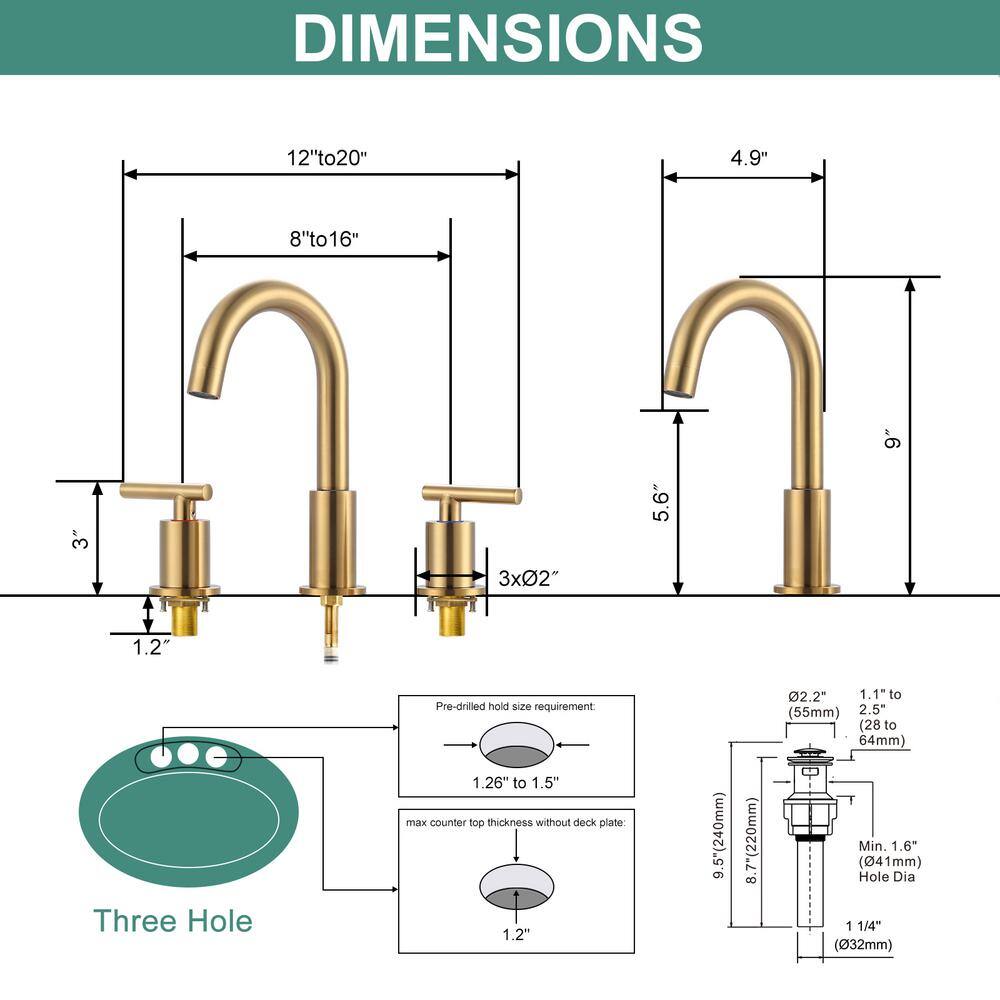 Brushed Gold Stainless Steel Double Handle Widespread Bathroom Faucet