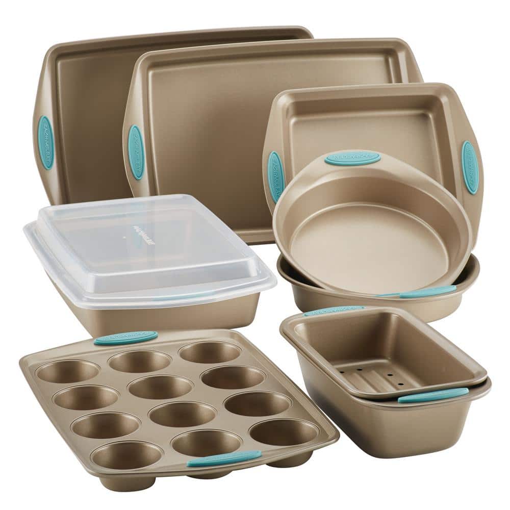 Latte Brown Nonstick 10-Piece Bakeware Set with Blue Grips