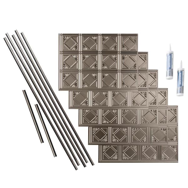 Traditional 4 18 in. x 24 in. Brushed Nickel Vinyl Decorative Wall Tile Backsplash 15 sq. ft. Kit