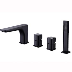2-Handle Deck-Mount Roman Tub Faucet with Hand Shower 4-Hole Brass Bathtub Fillers in Matte Black