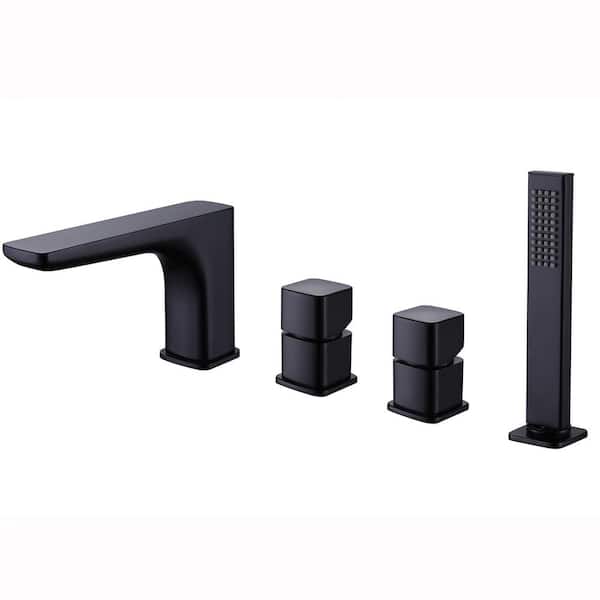 AIMADI 2-Handle Deck-Mount Roman Tub Faucet with Hand Shower 4-Hole Brass Bathtub Fillers in Matte Black