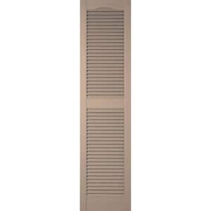 12 in. x 29 in. Lifetime Vinyl Custom Cathedral Top Center Mullion Open Louvered Shutters Pair Wicker