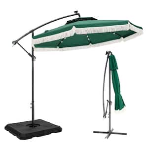 10 ft. Metal Cantilever Solar Patio Umbrella in Green With Lights Tassel Design and Crossed Base