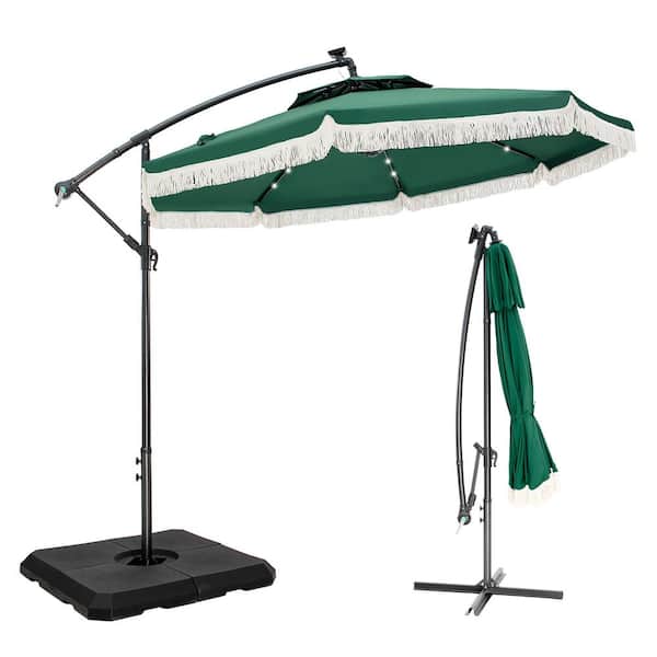 PHI VILLA 10 ft. Metal Cantilever Solar Patio Umbrella in Green With Lights Tassel Design and Crossed Base