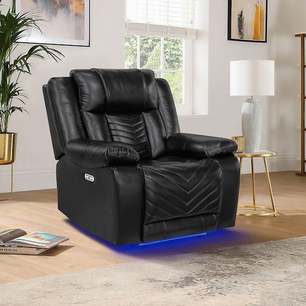 Lazzara Durant Black Faux Leather Power Recliner with LED and