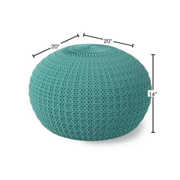 Simpli Home Sonata Boho Round Knitted Pouf in Aqua Recycled Pet Polyester