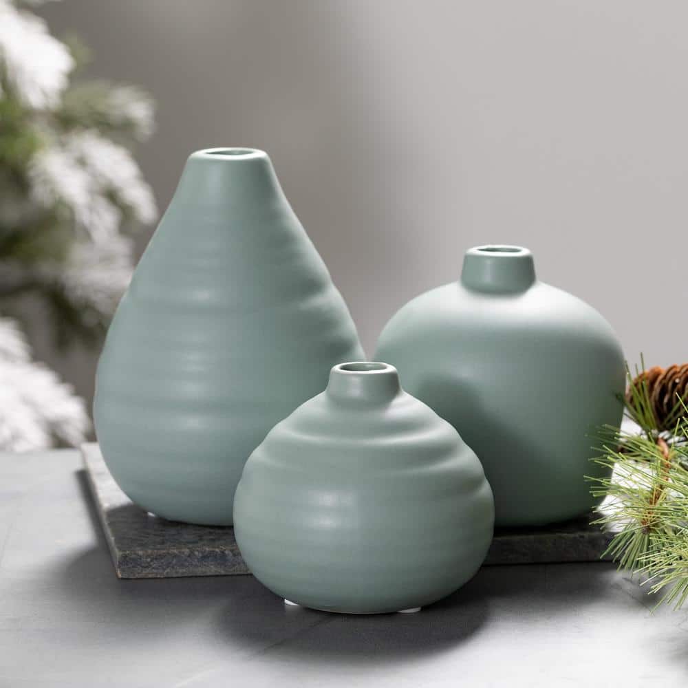 Sage Matte Ceramic Bud Vase Trio Set - Modern Home Accent