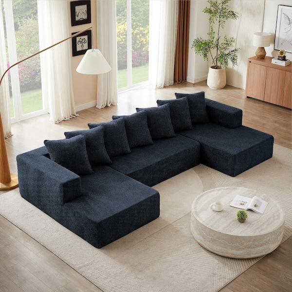 J&E Home 128 in. W Square Arm Chenille 6-Piece U-Shaped Sectional Sofa in Blue with Ottoman