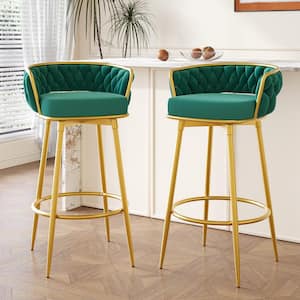 Swivel 180 Degrees 31.5 in. Green Low Back Metal Bar Stool with Velvet Seat Set of 2, Hand-Woven Backrest