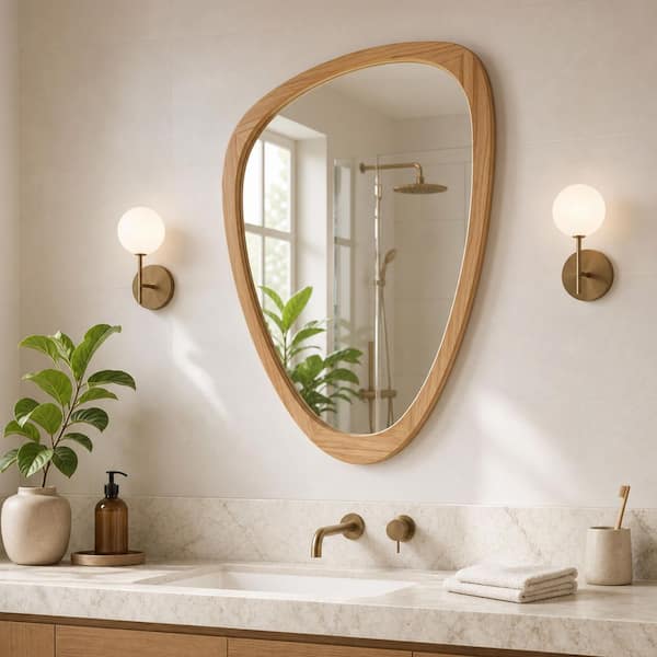 24 in. W x 36 in. H Novelty/Specialty Framed Wall Bathroom Vanity Mirror in Oak, Clear Tempered Glass