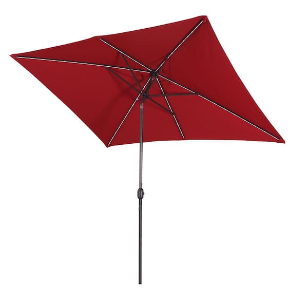 ANGELES HOME 8-1/5 ft. x 7 ft. 50 Plus UPF Rectangle Crank Tilt Aluminum Market Solar LED Lighted Patio Umbrella without Base in Red