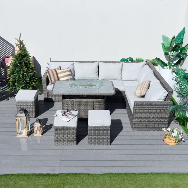 Maryam 9-Person Patio Outdoor Wicker Fire Pit Conversation Set with Cushions-Gray