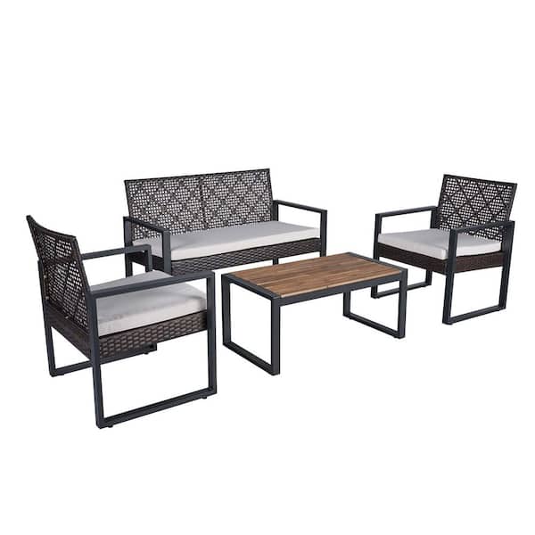 4-Piece Brown Wicker Outdoor Patio Furniture Set with Beige Cushion