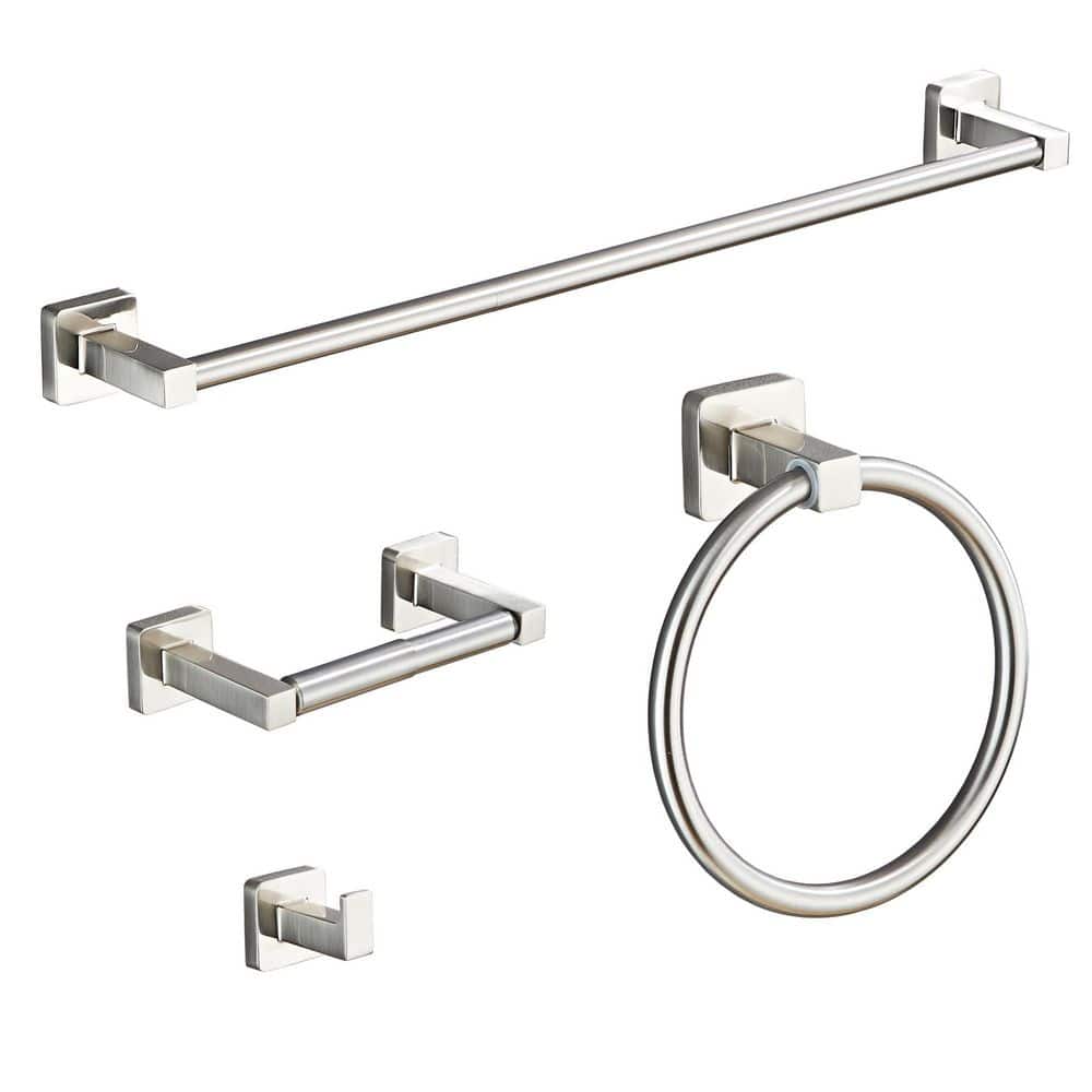 4-Piece Wall Mounted Bath Hardware in Brushed Nickel, Towel Bar, Towel Ring, Robe Hooks, Toilet Paper Holder Included price history on PriceWatchPro