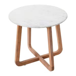 20 in. Blonde Finish Modern Round Marble and Wood End Table with Light