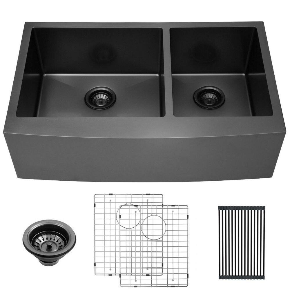 Gunmetal Black 16-Gauge Stainless Steel 33 in. Double Bowl 60/40 Round Angle Farmhouse Apron Kitchen Sink price history on PriceWatchPro